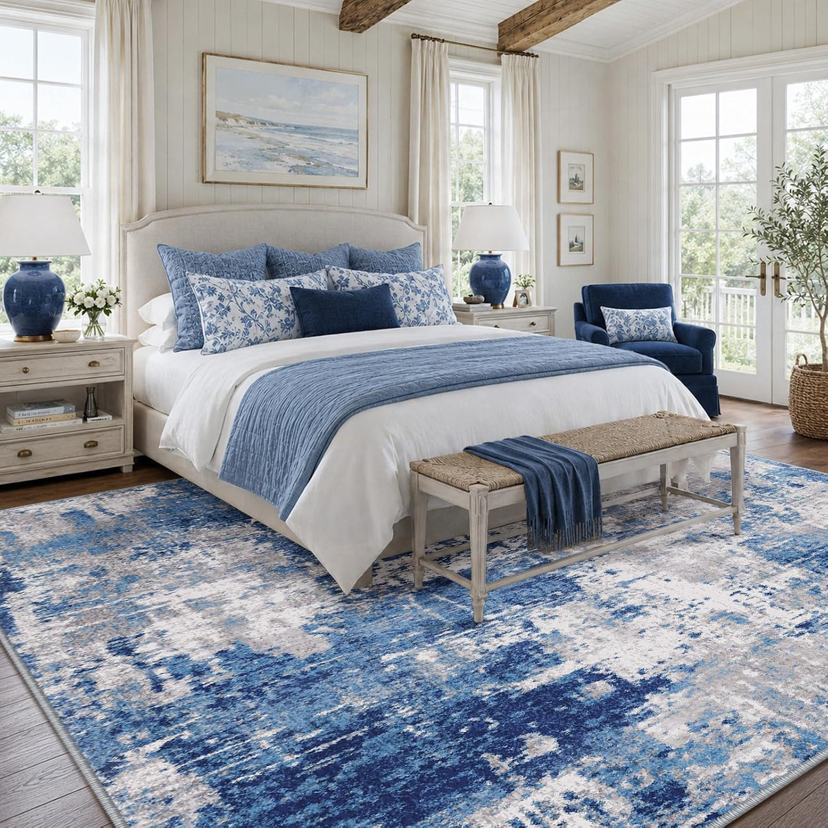 Washable Abstract Area Rug Blue Gray