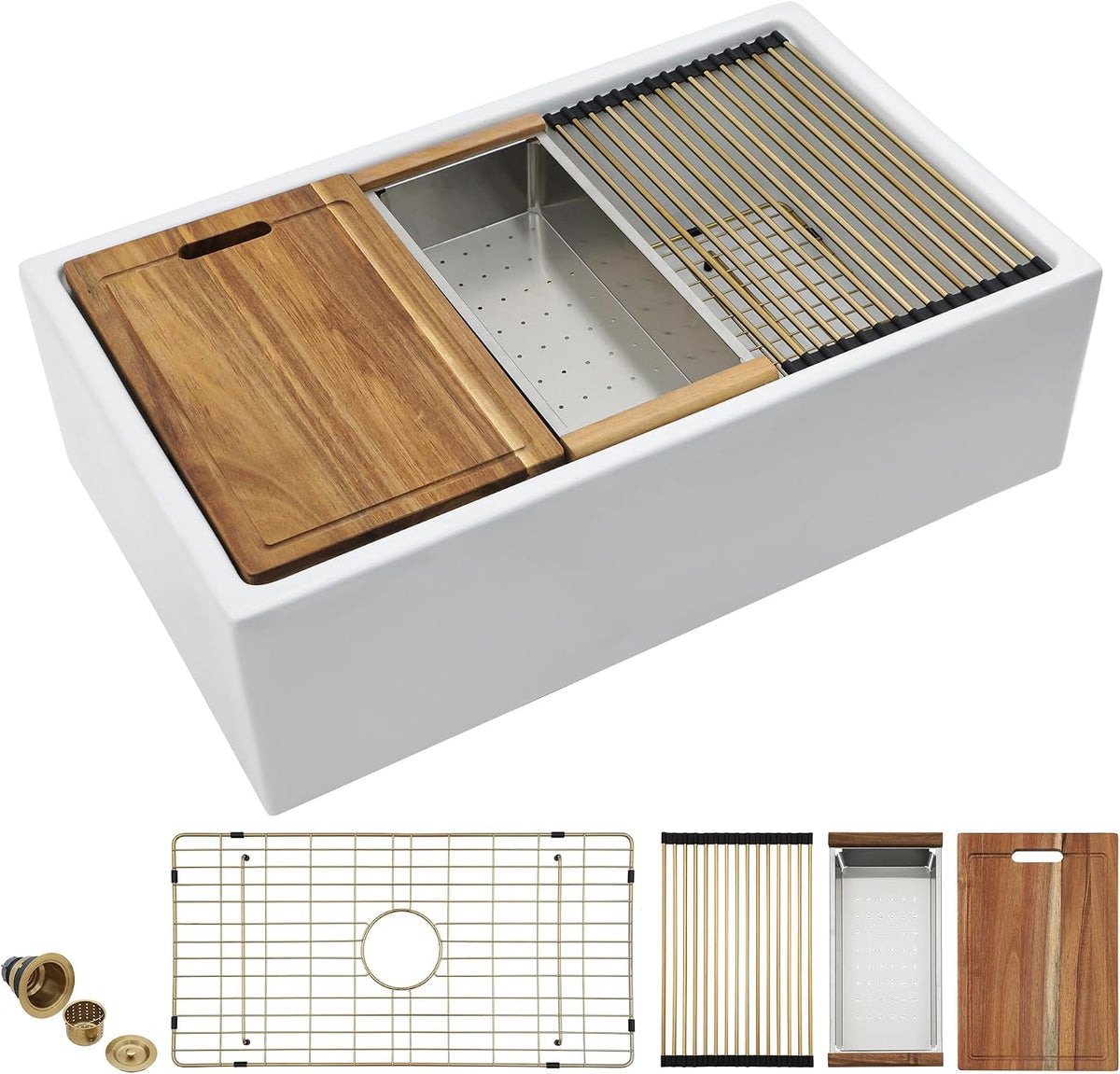30 White Farm Sink Workstation - 30 Inch Farmhouse Kitchen Sink Workstation with Slide Ledge Apron Front Reversible