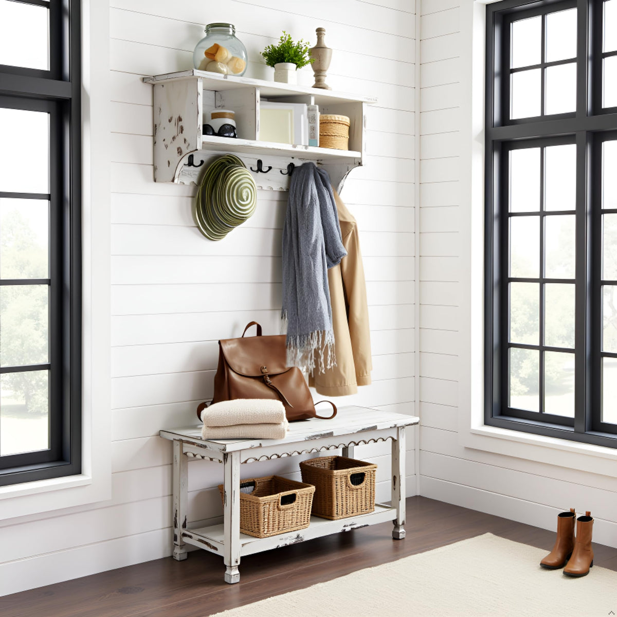 Country Cottage 36" Entryway Coat Rack and Bench Set - Wall Mounted Coat Hanger with 3 Cubbies, 4 Double Hooks &