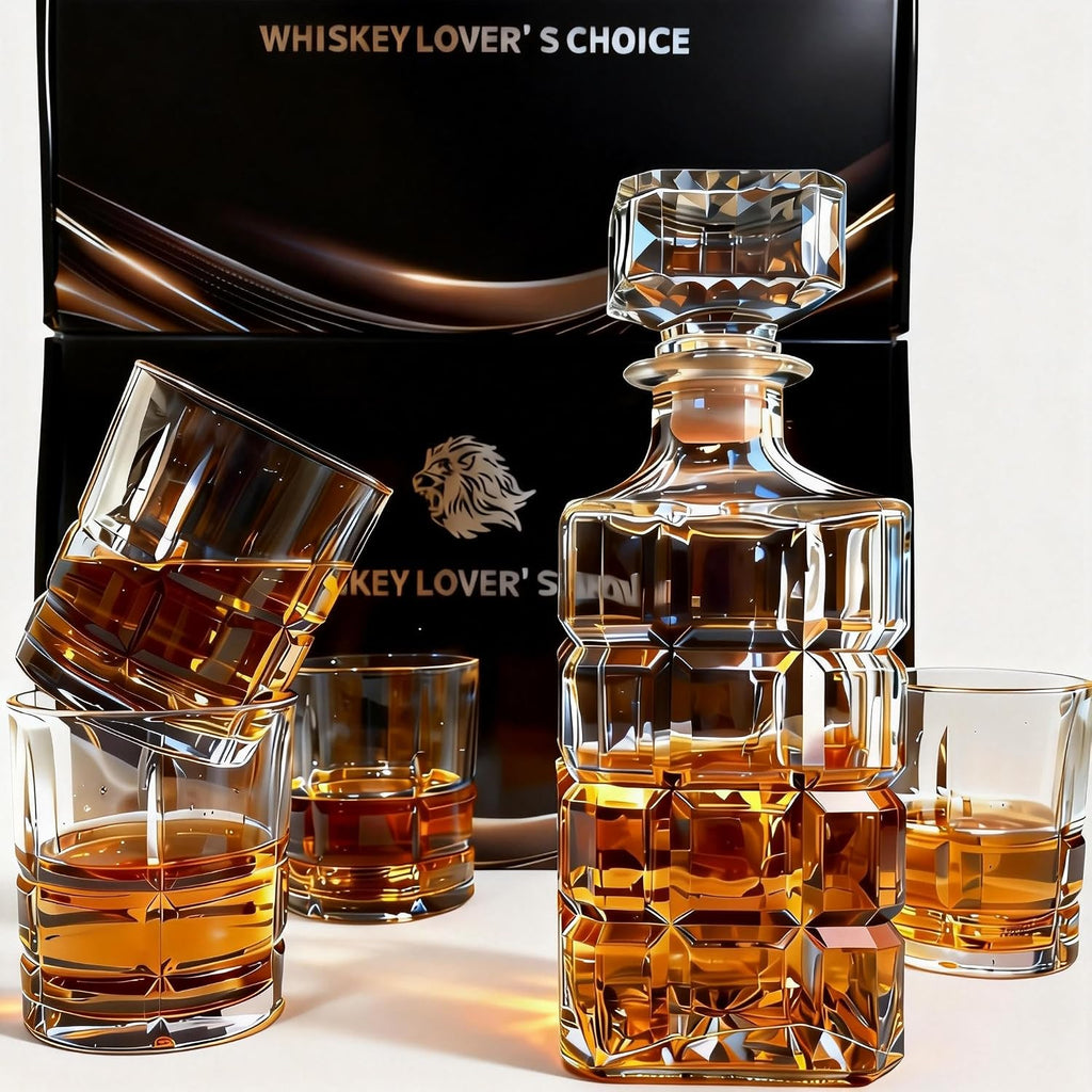 32oz Whiskey Decanter Set with 4 Crystal Glasses - Large Geometric Design, Airtight Silicone Seal, Lead-Free - Set of 7