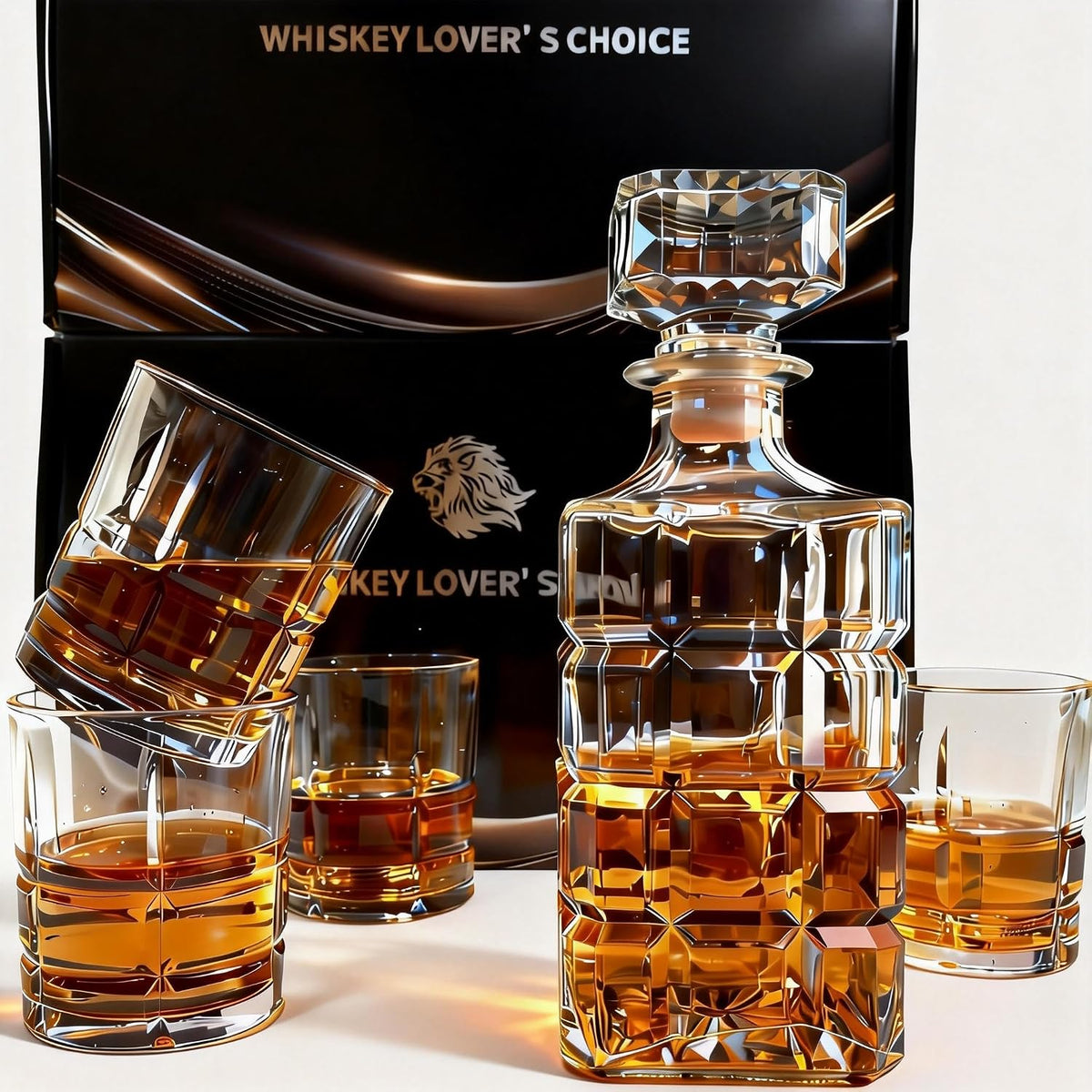 32oz Whiskey Decanter Set with 4 Crystal Glasses - Large Geometric Design, Airtight Silicone Seal, Lead-Free - Set of 7