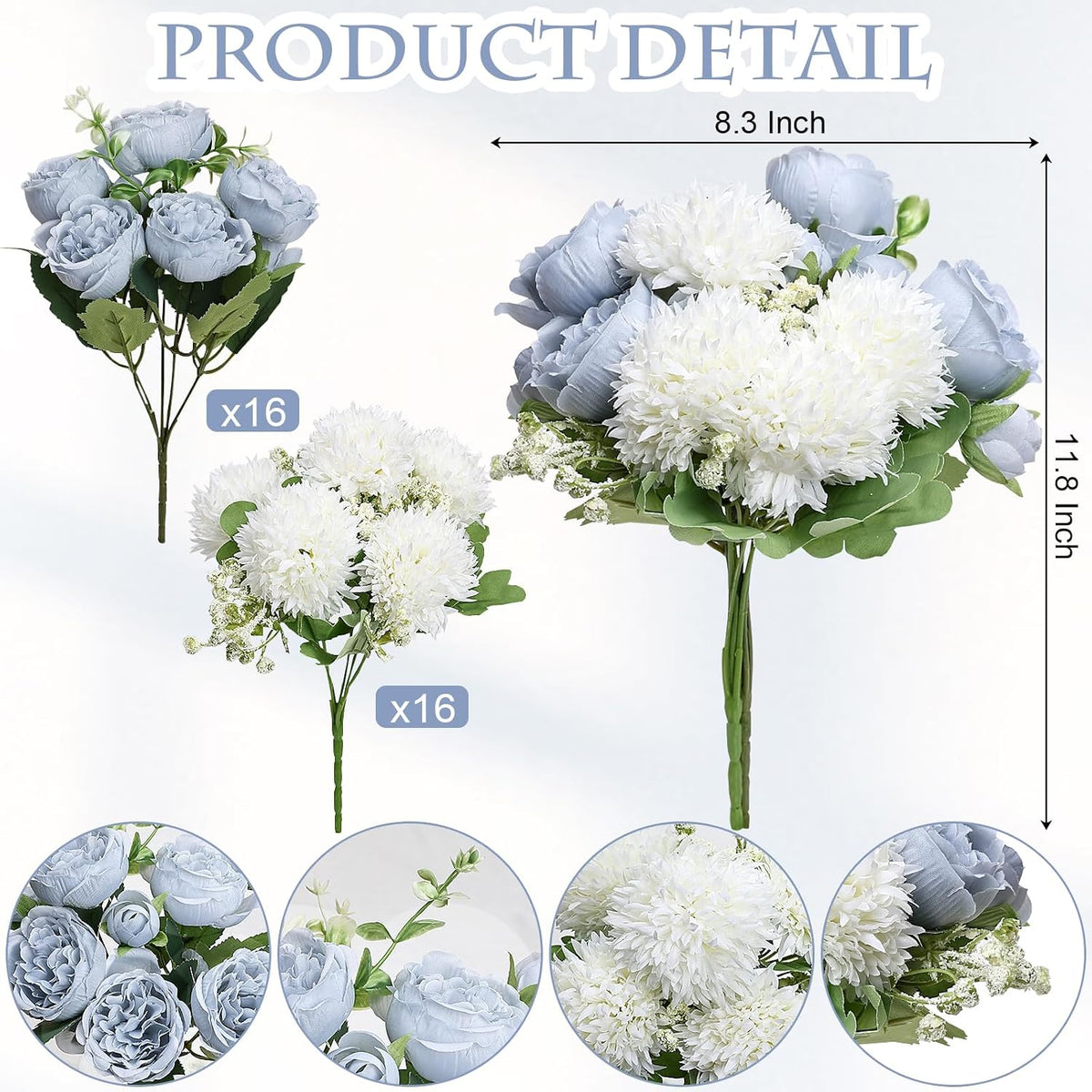 Bundles Peonies Artificial Flowers Bulk, Dusty Blue & White - Set of 32