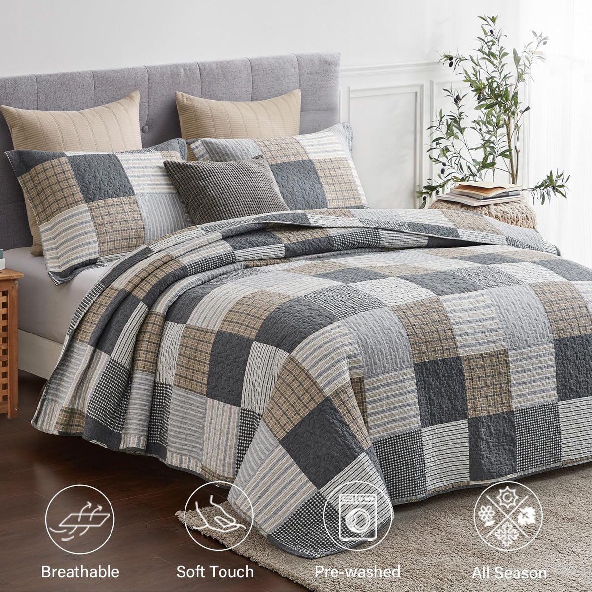 Quilt 100% Cotton Plaid Farmhouse Comforter Set