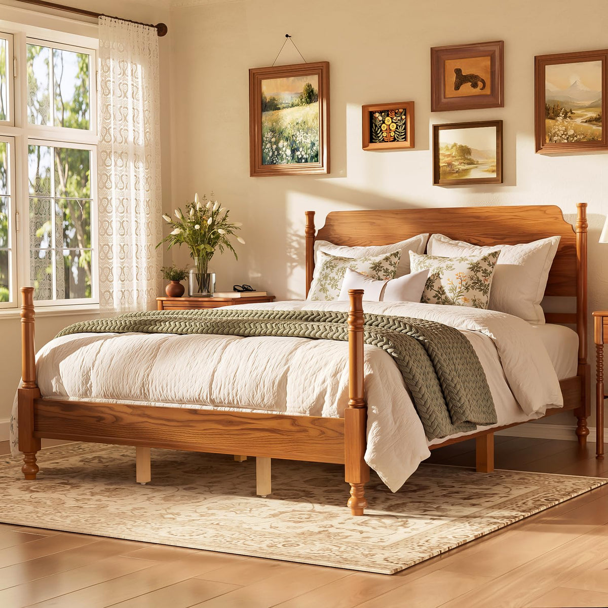Wood Bed Frame with Vintage headboard, Spindle Platform Bed with High Posts Design, Sturdy Wooden Slats Support
