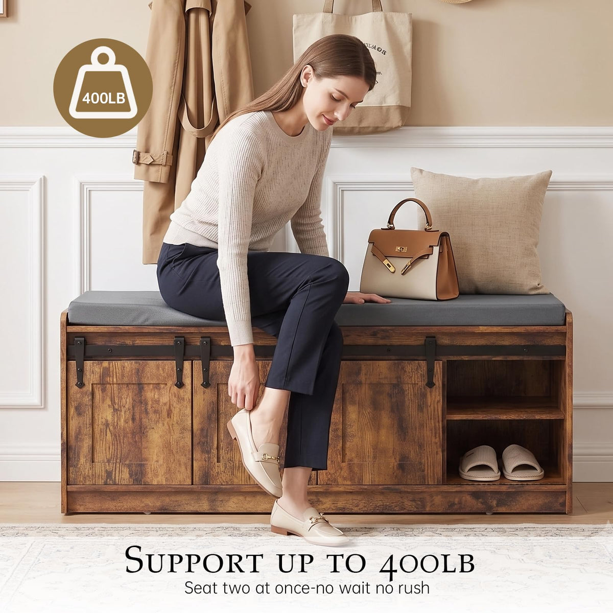 42" Farmhouse Shoe Storage Bench, Rustic Brown, 2pc