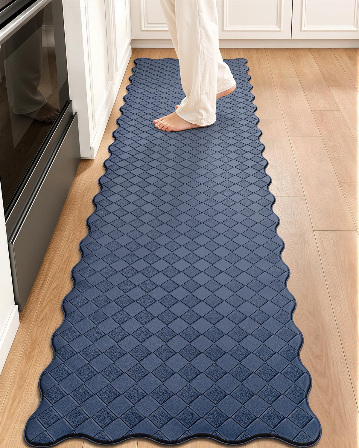 Blue Checkered Kitchen Floor Runner with Scalloped Edge Trim