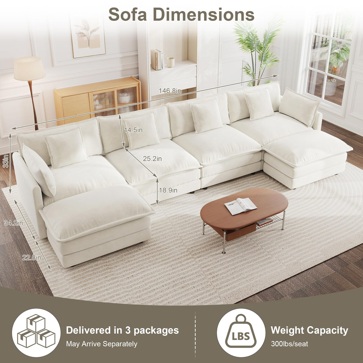 147" Modular Sectional Sofa, U Shaped Sectionals Cloud Couch, Beige