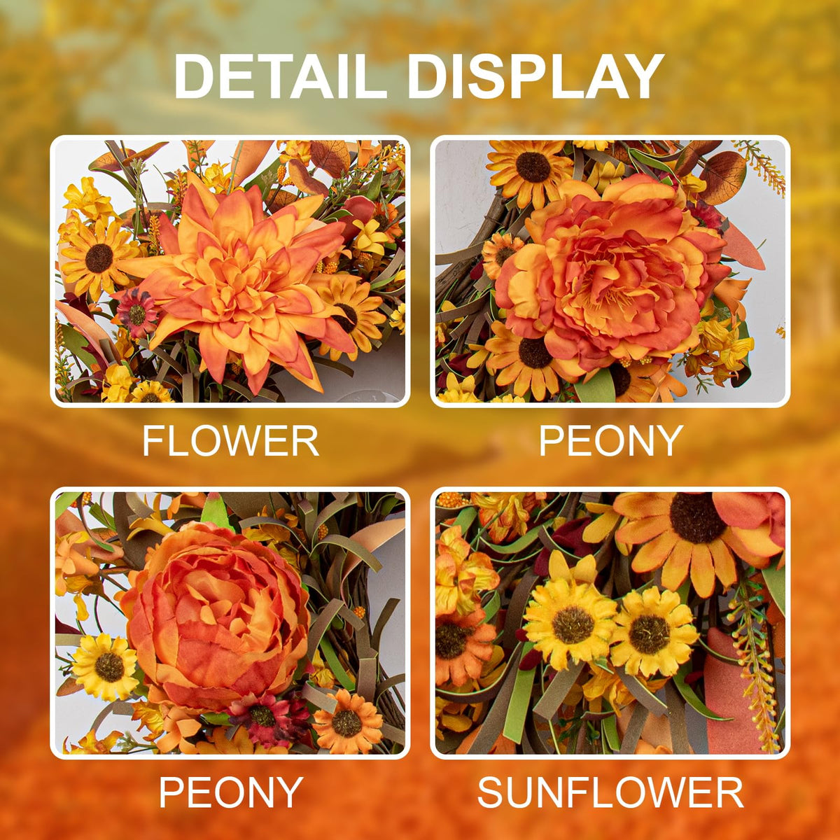 22 Inch Artificial Fall Wreath Autumn Wreaths for Front Door Thanksgiving Wreath with Peony Dahlia Daisy Flowers for
