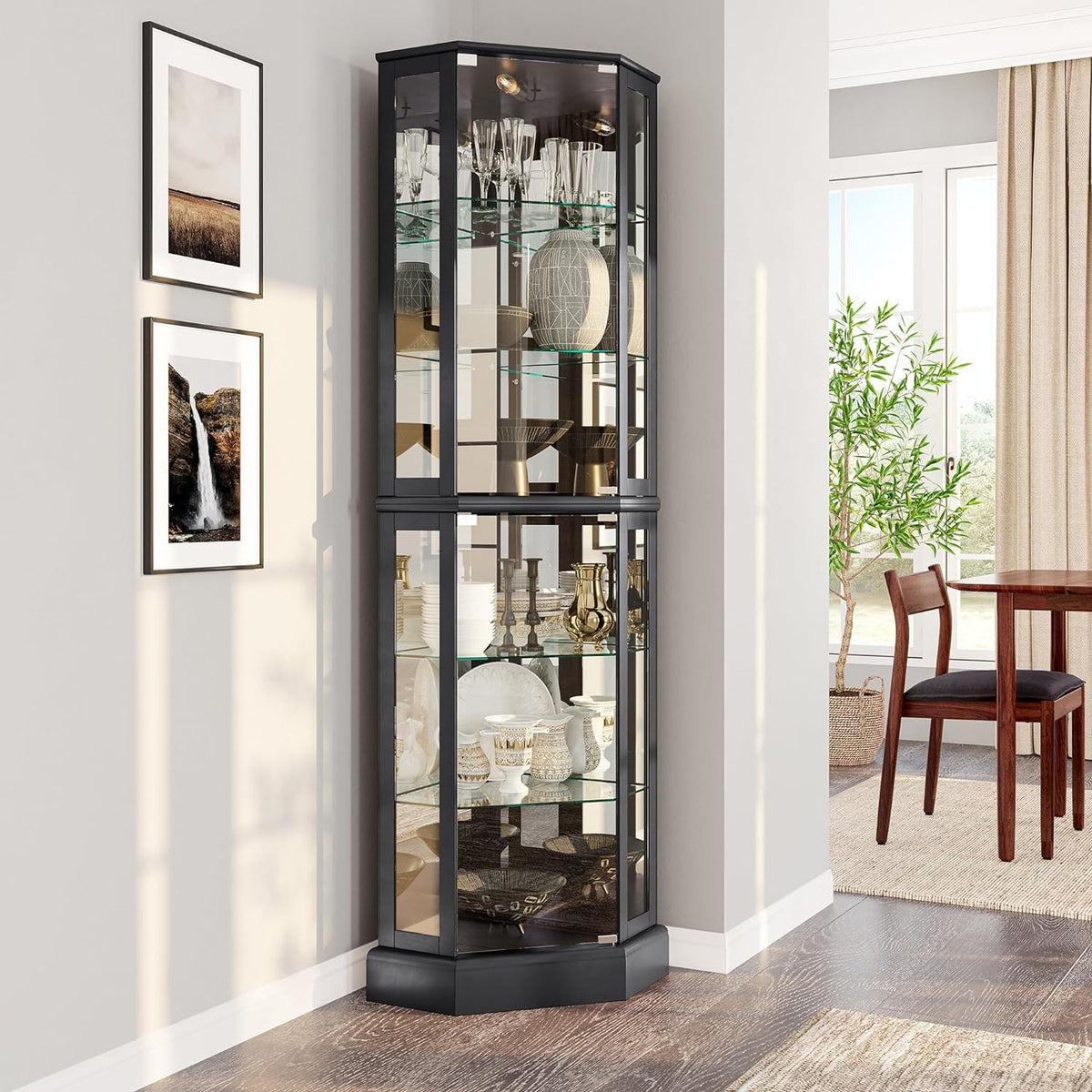 Lighted 3-Side Glass Display Curio Cabinet with Tempered Glass Doors and Shelves, Curved Wood Corner Cabinet with