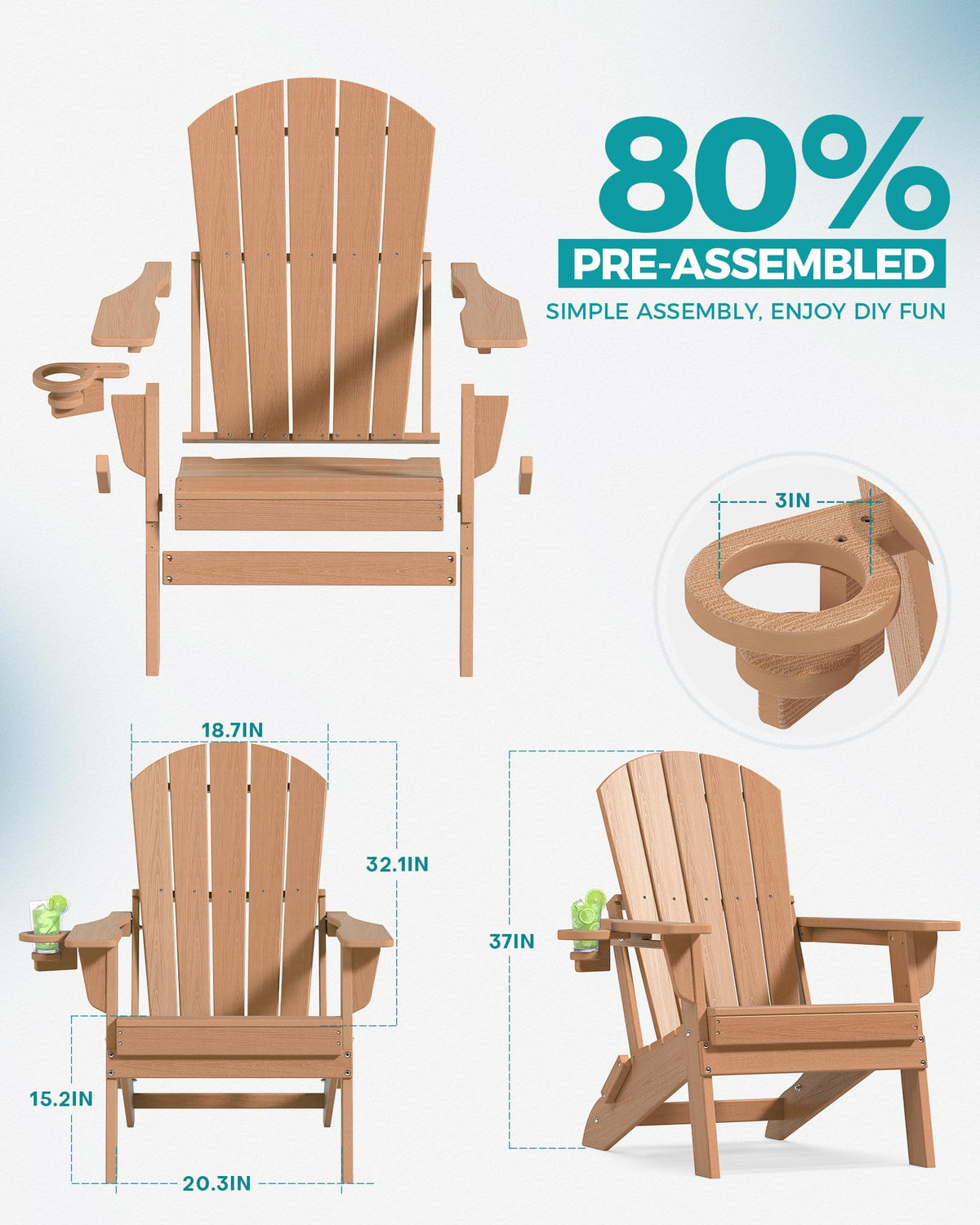 Upgrade Folding Adirondack Chair, Durable Outdoor Chair, Teak