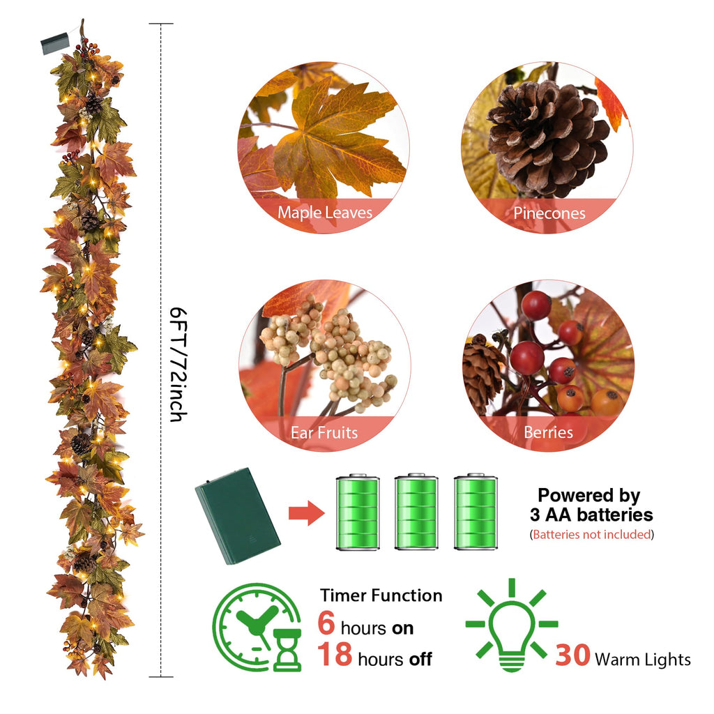 Fall Maple Leaf Garland, 6 Ft Fall Decor Garland with 30 Warm Lights