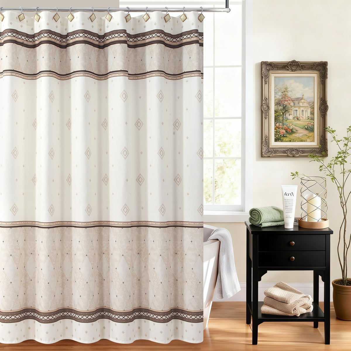 Beige Tan Fabric, Modern Cream Neutral Geometric with Brown Stripe, Waterproof Washable Decorative Marble Farmhouse