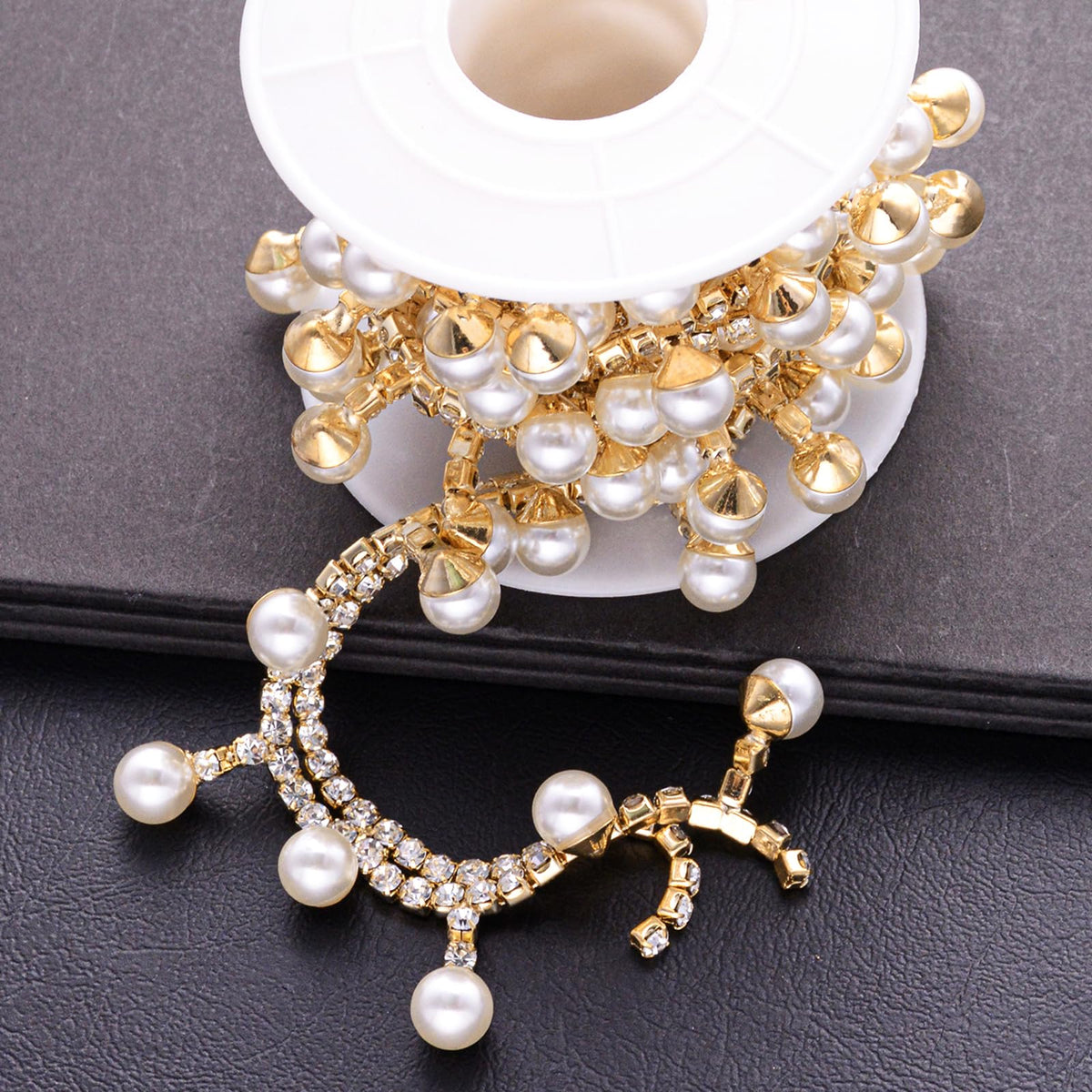 Pearl Tassel Crystal Rhinestone Trim, Inlaid Pearl Beaded Chain - 1 Yard
