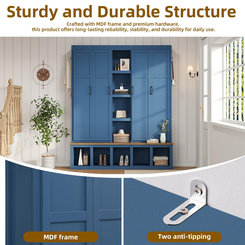 4-in-1 Hall Tree with Bench and Shoe Storage, Multi-Functional Farmhouse Entryway Bench with Coat Rack, Open