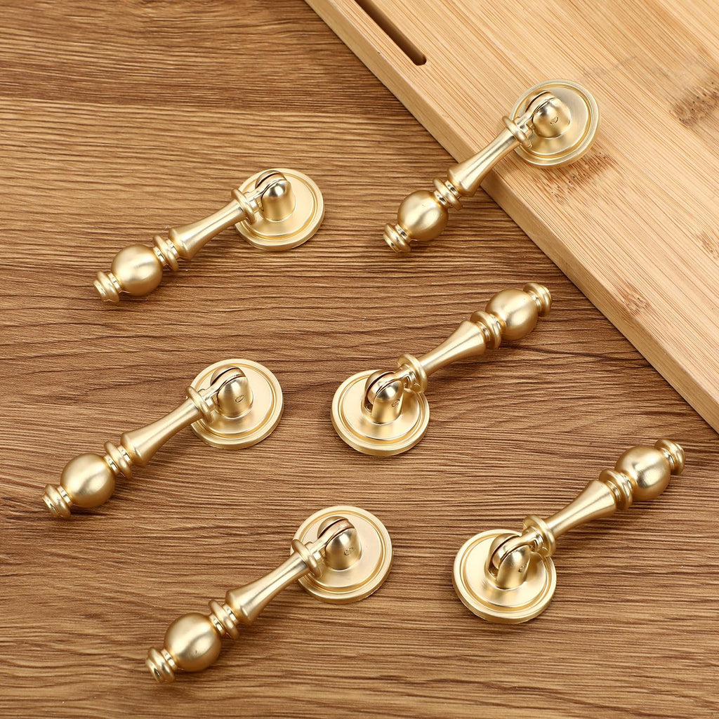 6 Pack Solid Brass Drop Cabinet Pulls 2.5 Inch, Brushed Gold Cabinet Knobs for Dresser and Drawers, Decorative
