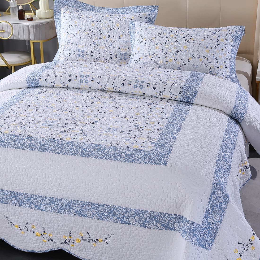 3 Pieces Cotton Quilted Embroidered Bedspread Set Oversized Lightweight Reversible Coverlet Comforter Soft Warm