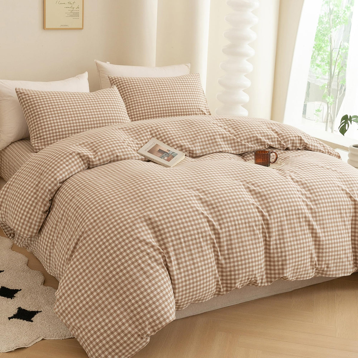 Cotton 3 Pcs Duvet Cover Set Linen Feel Beige Gingham King