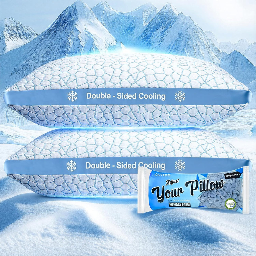 Double Sided Cooling Pillow for Hot Sleepers, Shredded Memory Foam Pillows King Set of 2, Adjustable Soft & Firm Gel