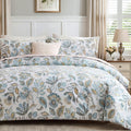 Blue Floral Comforter Set Queen Size, 100% Cotton Blue Botanical Bedding Set, 3 Pieces Soft Breathable Comforter and
