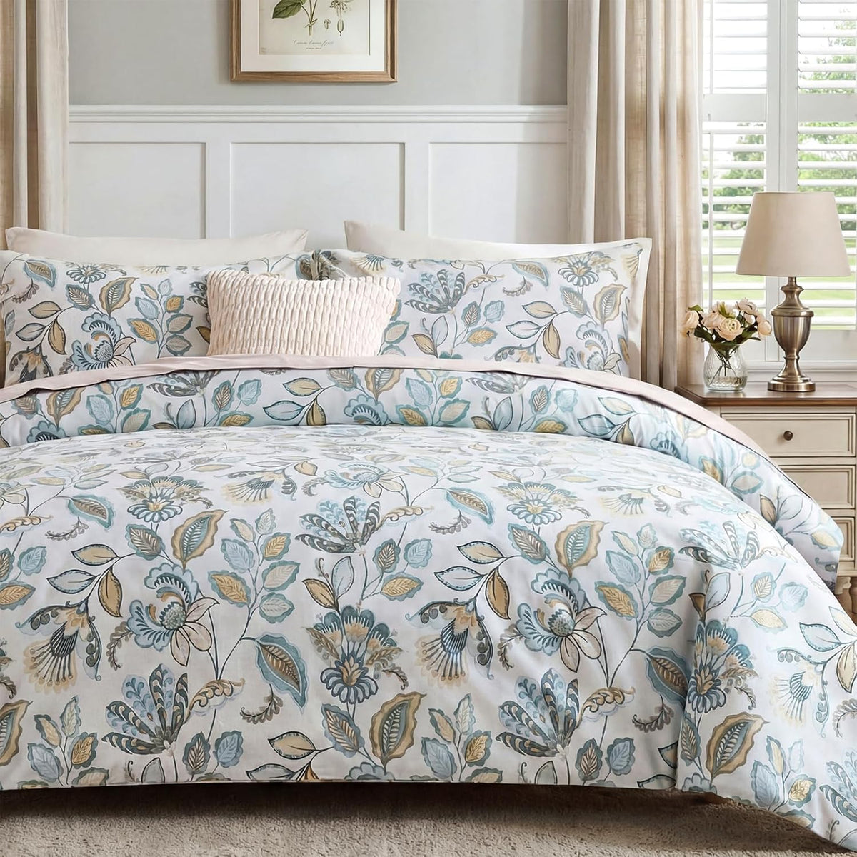 Blue Floral Comforter Set Queen Size, 100% Cotton Blue Botanical Bedding Set, 3 Pieces Soft Breathable Comforter and