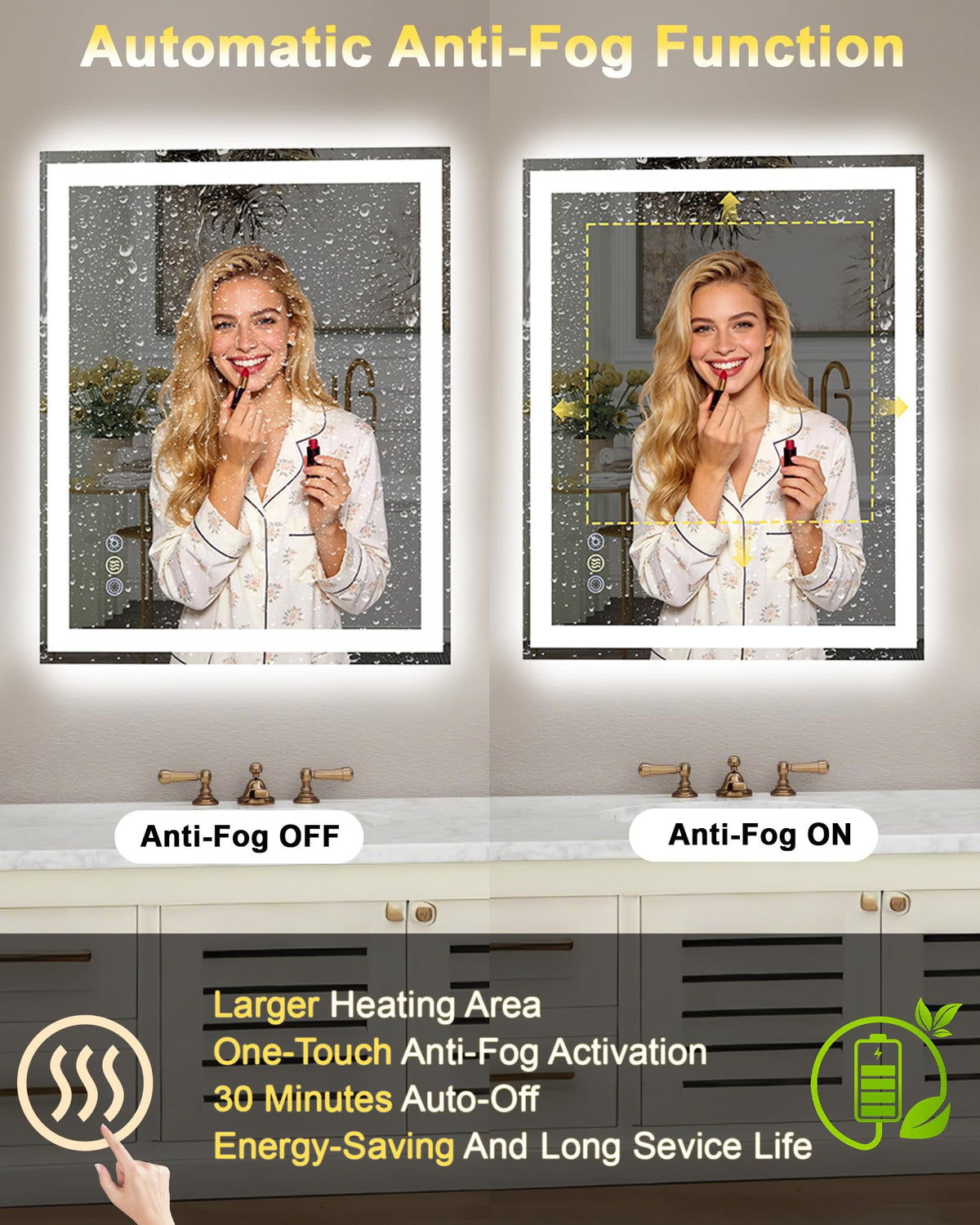 48x32 LED Bathroom Mirror, 6000LM, Separate Front and Back Lights