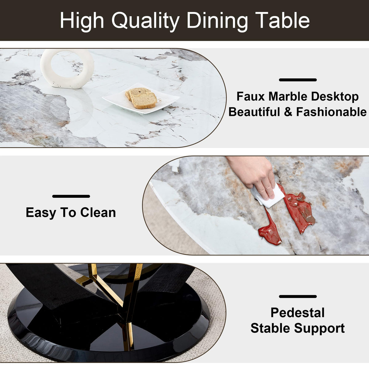 Inspired Saarinen Style 48 Inch Round Dining Table for 4 to 6, Faux Marble Look, Modern Circle Kitchen Furniture with Stable Pedestal Base
