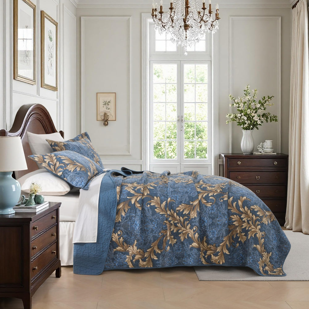 Quilt Bedding Set, 100% Cotton Blue Floral Quilt Bedspreads