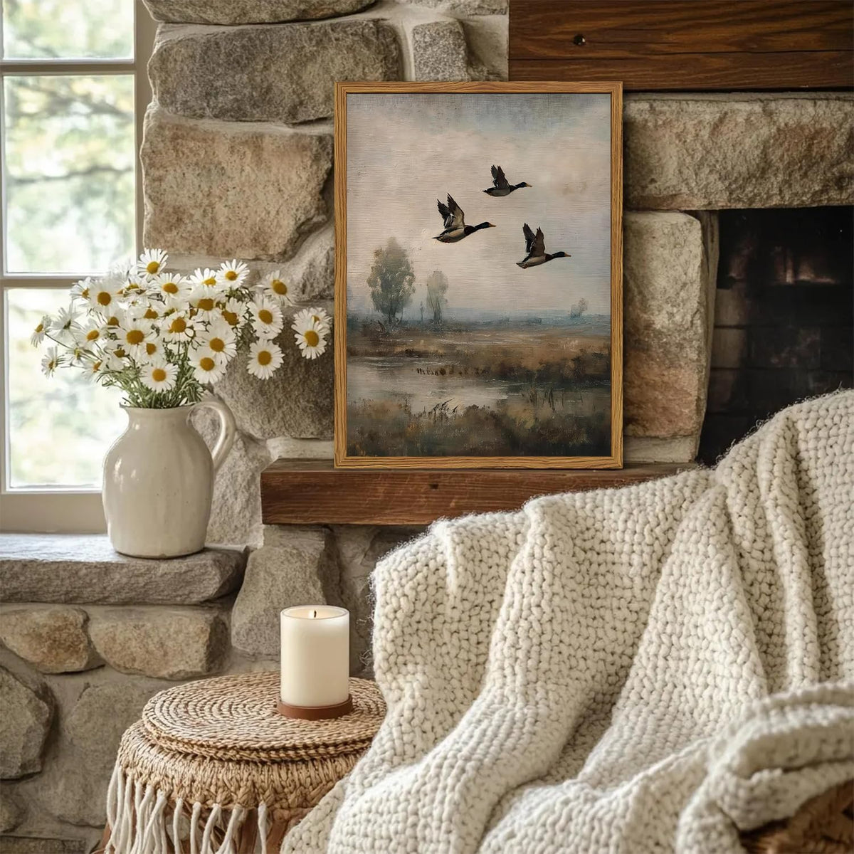 Framed Vintage Mallard Duck Wall Art, Cottagecore Flying Bird Nature Landscape Pictures Wall Decor, Rustic Farmhouse