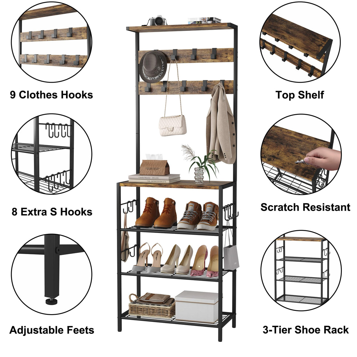 Coat Rack with Shoe Storage, 5-Tier Shoe and Coat Rack with 9 Clothes Hooks, Freestanding Hall Tree Organizer