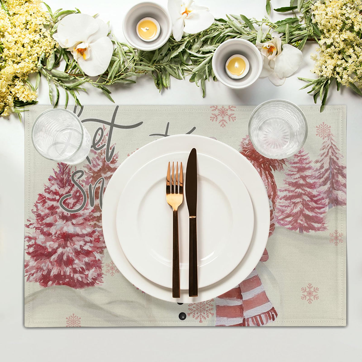 4PCs Pink Snowman Placemats 12x18 Inch Winter Pink Trees Bird Snowflake Decorative Place Mat Christmas Xmas Seasonal