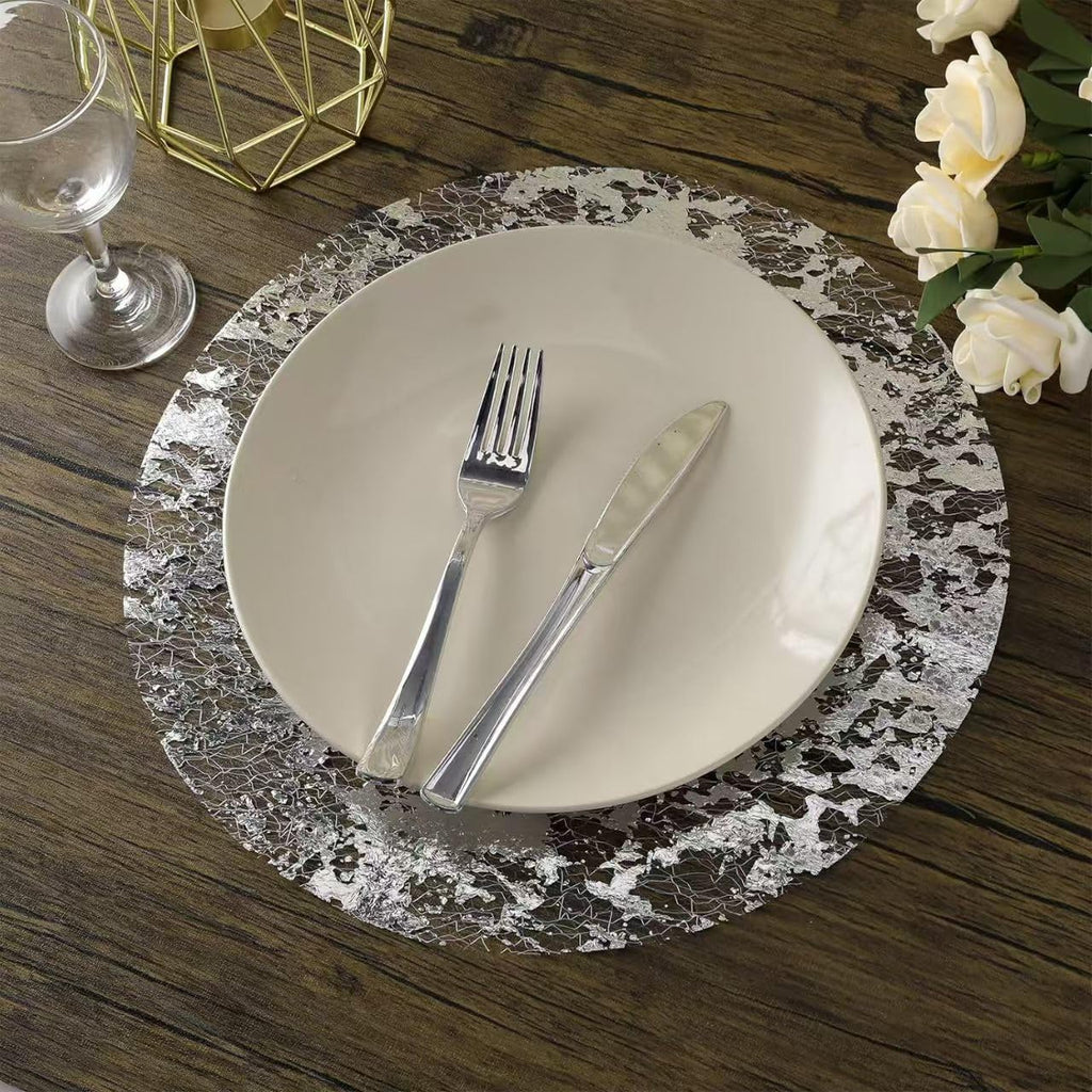 Disposable Silver Placemats Set of 100 Silver Doilies Charger Round Metallic Glitter Foil Pressed Dining Table