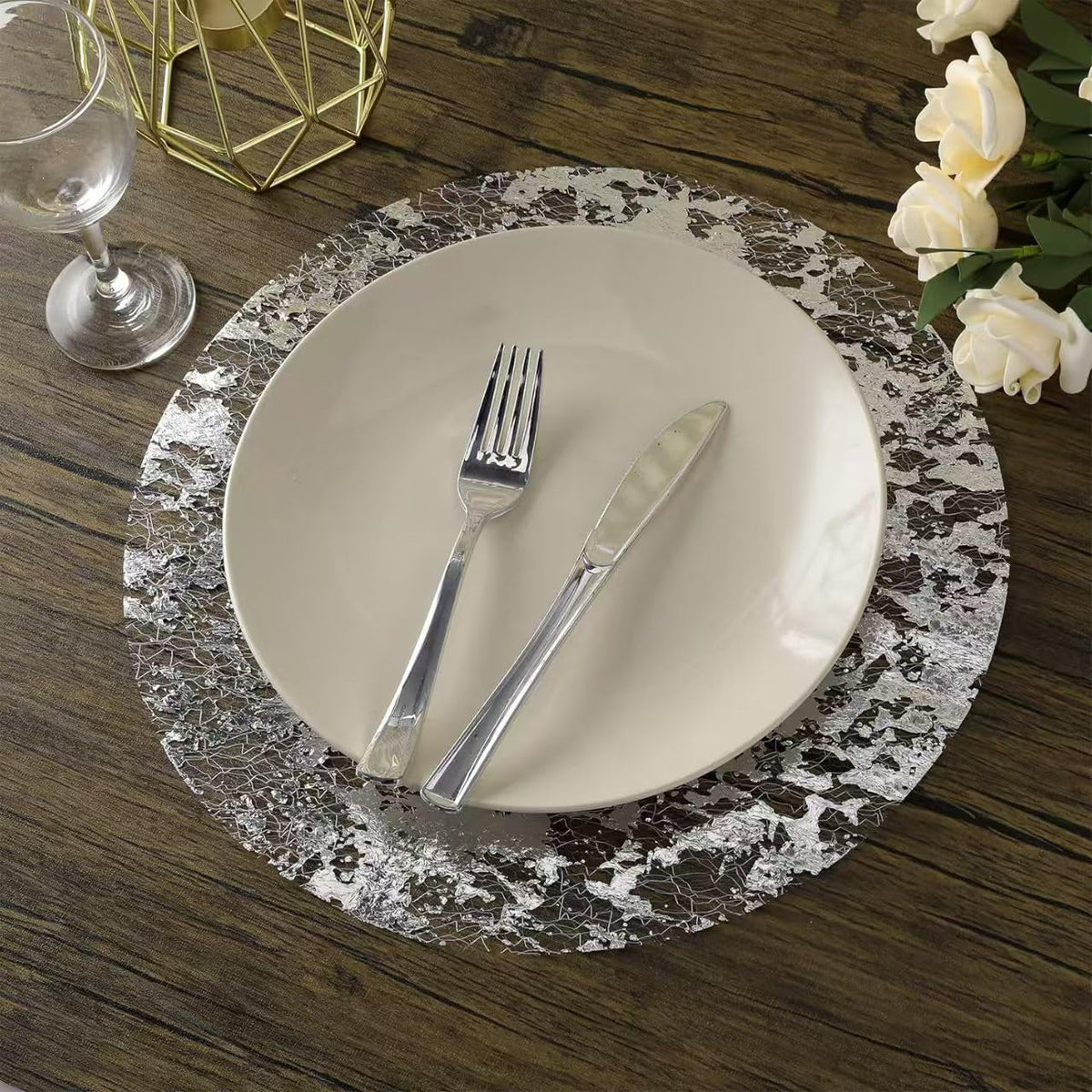Disposable Silver Placemats Set of 100 Silver Doilies Charger Round Metallic Glitter Foil Pressed Dining Table