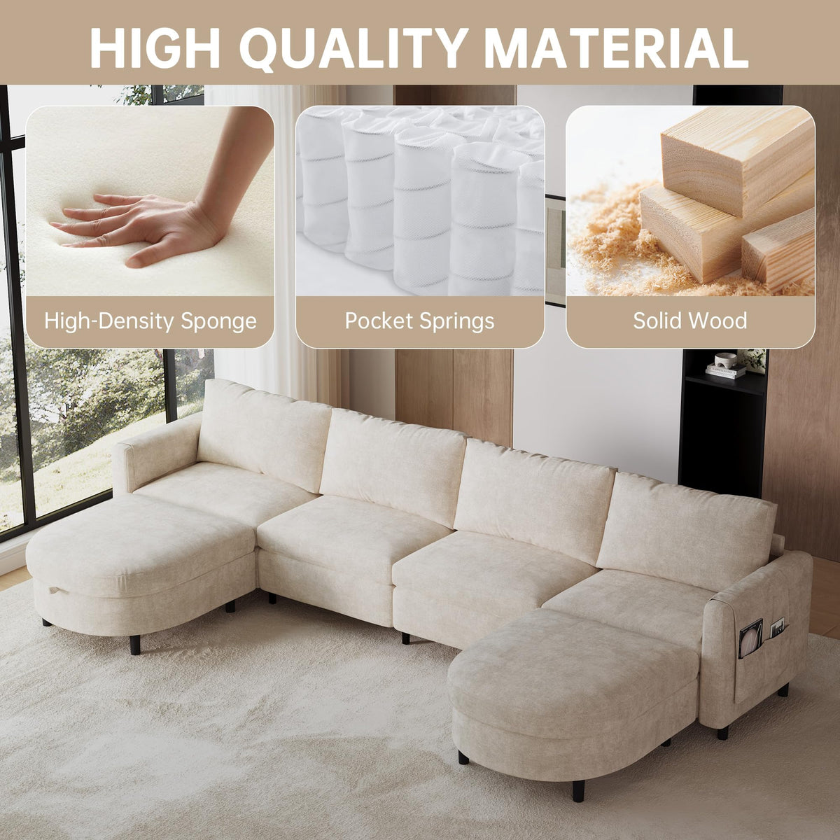 139" Beige White Sectional Couch U Shaped Sofa