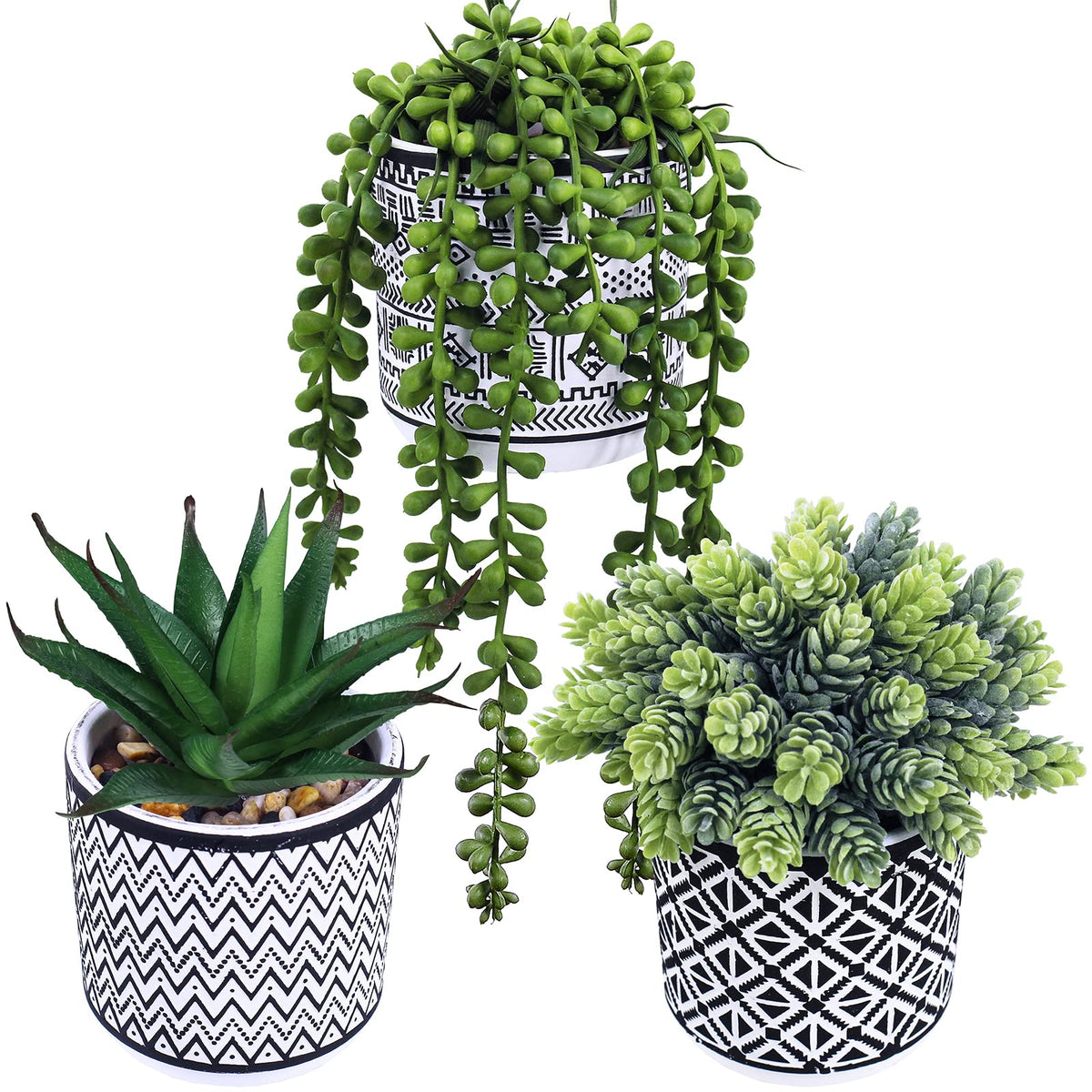 3 Pcs Small Potted Succulents Plants Artificial String of Pearls Aloe Hops Succulents in Black Geometric Concrete