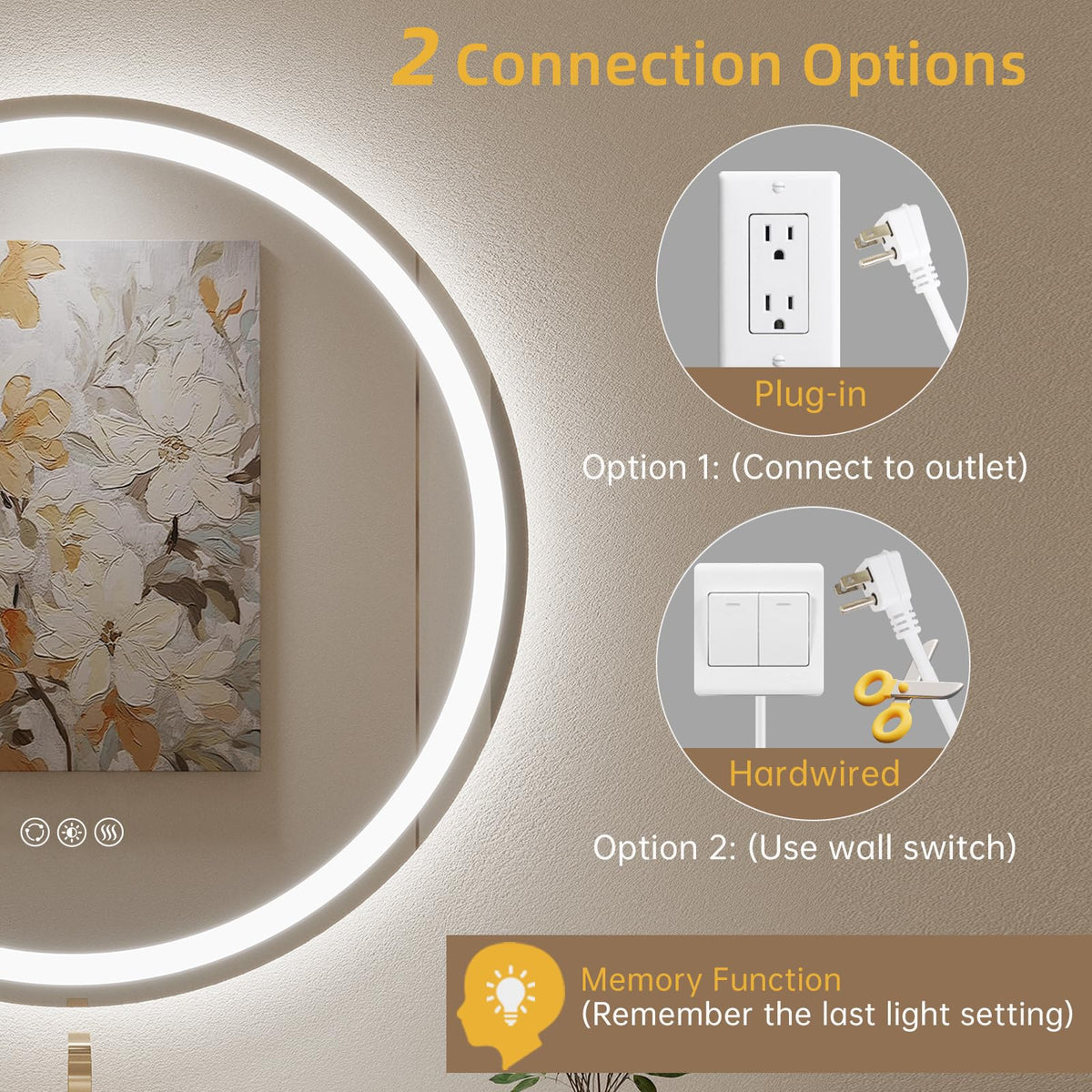 32" Round LED Mirror,Circle Bathroom Mirror with Lights