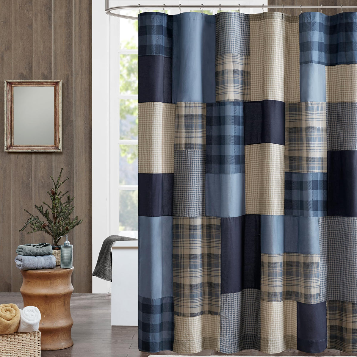 Winter Hills 100% Cotton, Cabin Lodge Plaid Pieced Design, Farmhouse Bathroom Decor, Machine Washable, Fabric