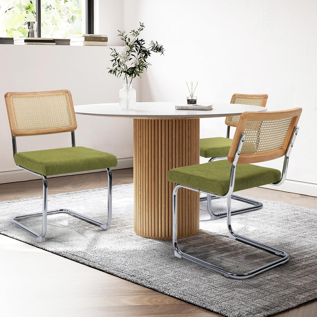 Dining Chairs Set of 4, Modern Rattan Kitchen Chairs, Mid Century Modern Design, Polished Chrome Frame, Upholstered