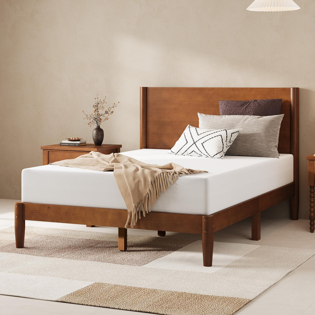 Solid Wood Full Bed Frame, Mid Century Bed with Headboard, Brown