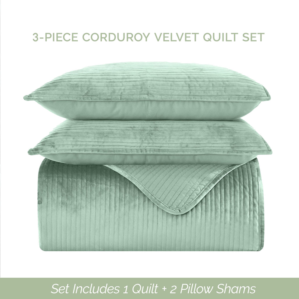 Luxury 3-Piece Velvet Corduroy Stripe Quilt Set, Ultra Soft Bedspread - Cozy Velvet Coverlet Set - 3PC Medium Weight