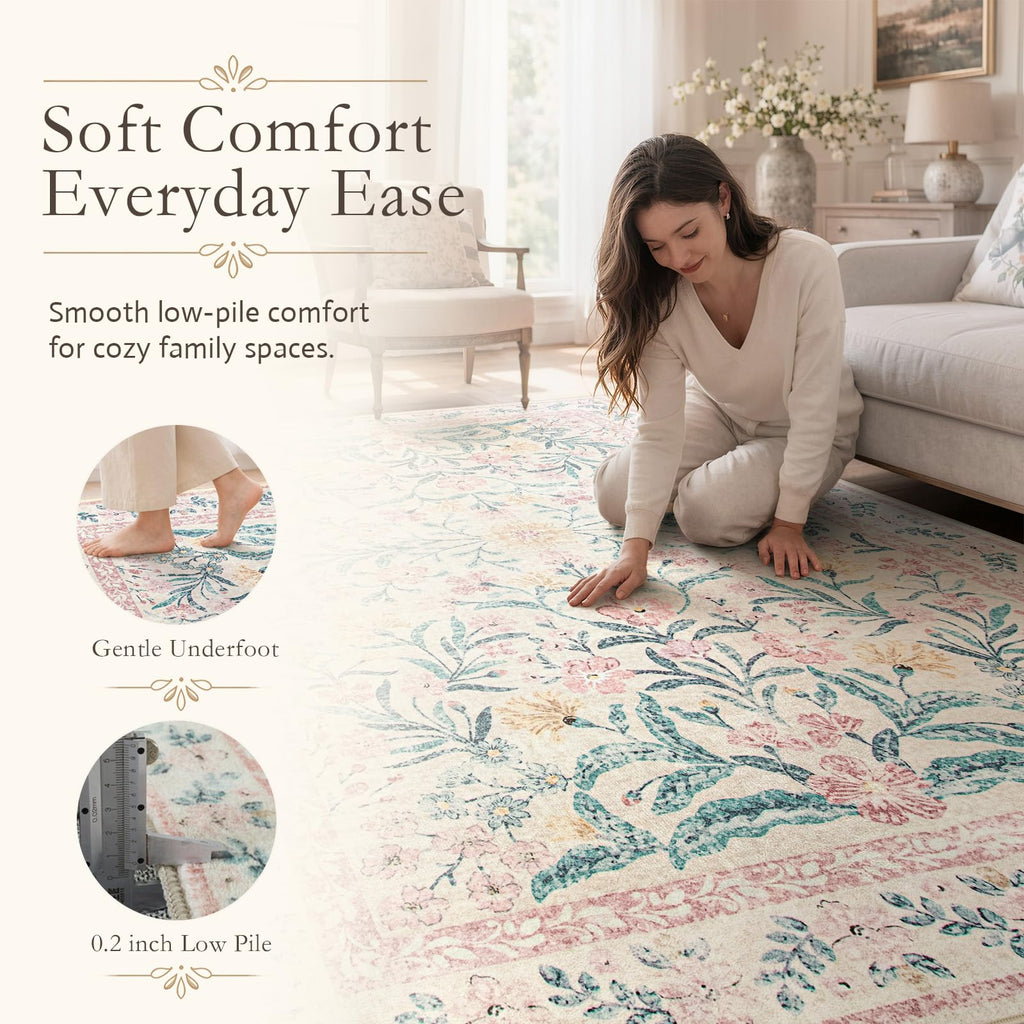 Floral Washable Runner Rug, 2'6"x8' Runners s Pink Rugs Bedroom, Boho Non Slip Soft 8ft Long Carpet Bathroom Laundry