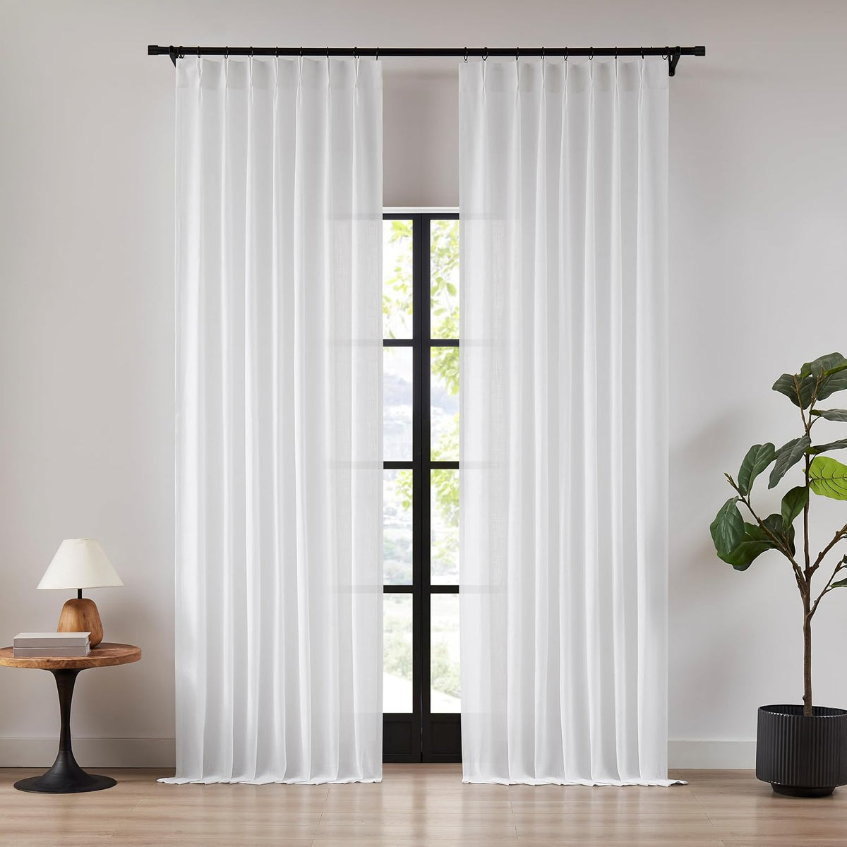 72 Inches White Pinch Pleated Linen Semi Sheer Curtains (Set of 2 Panels)