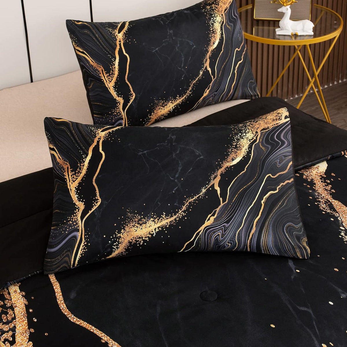 Marble Comforter Set Queen, Black and Gold Soft Microfiber Bedding with 2 Pillowcases