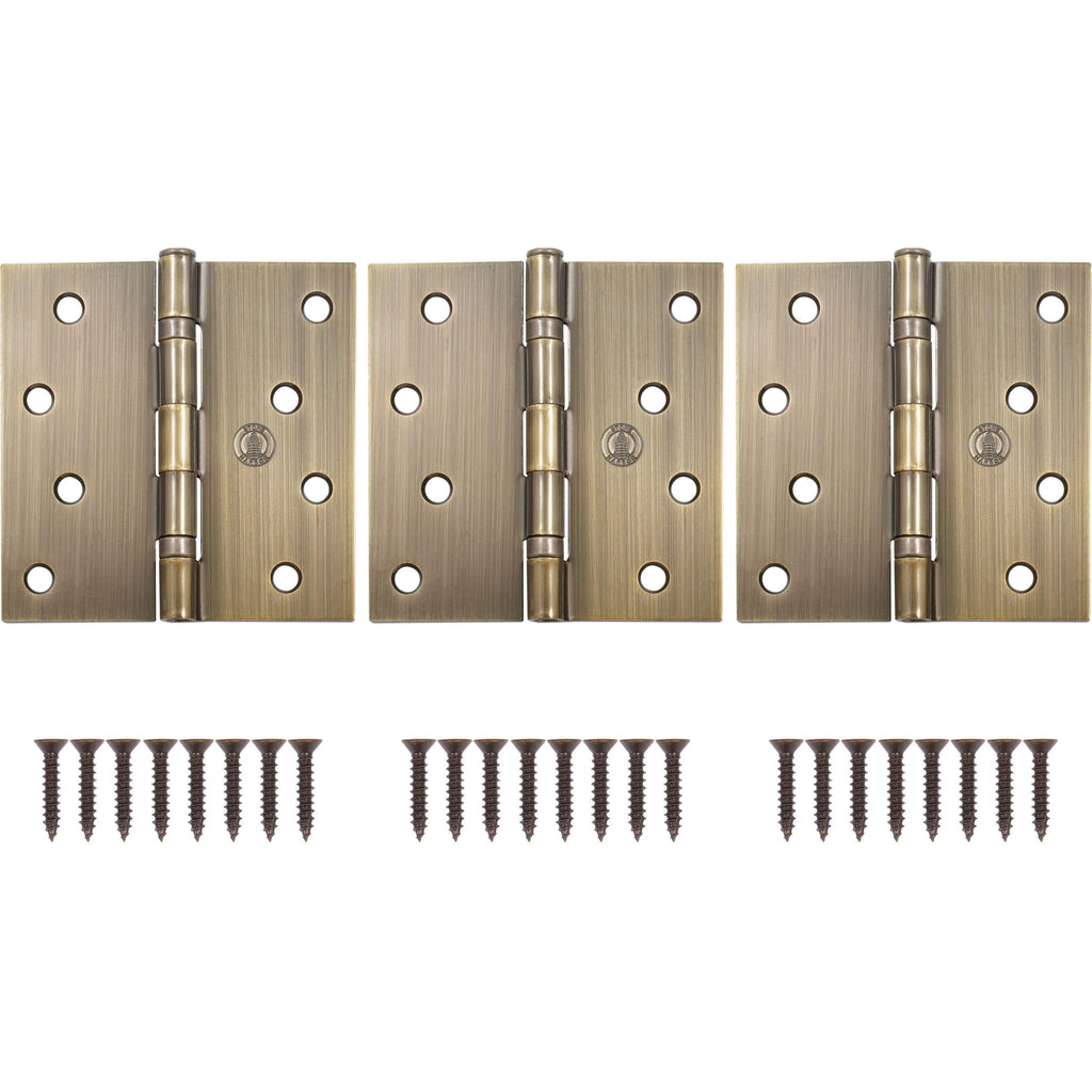 4" Ball-Bearing Door Hinges, Square Corner, Antique Brass, 3-Pack