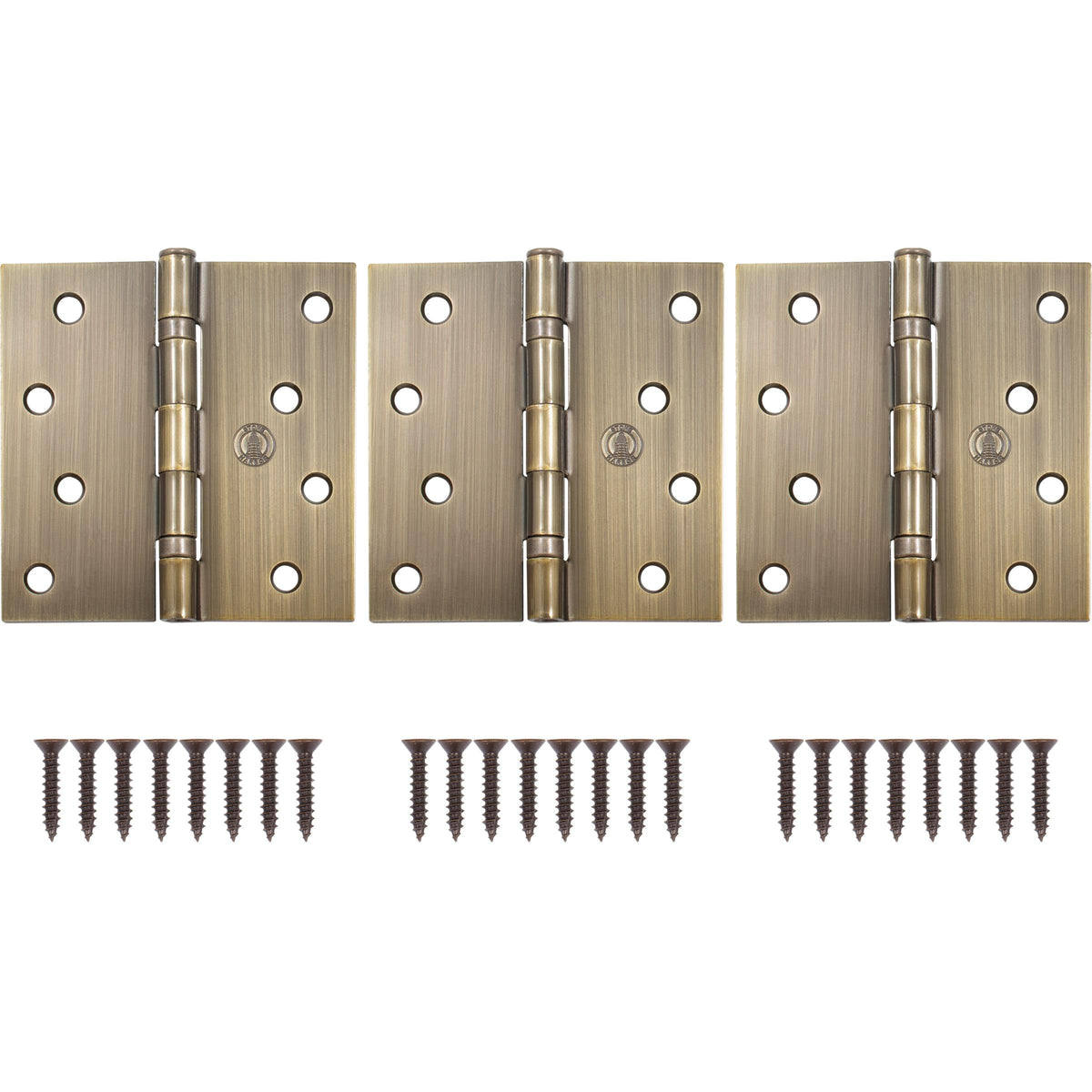 4" Ball-Bearing Door Hinges, Square Corner, Antique Brass, 3-Pack