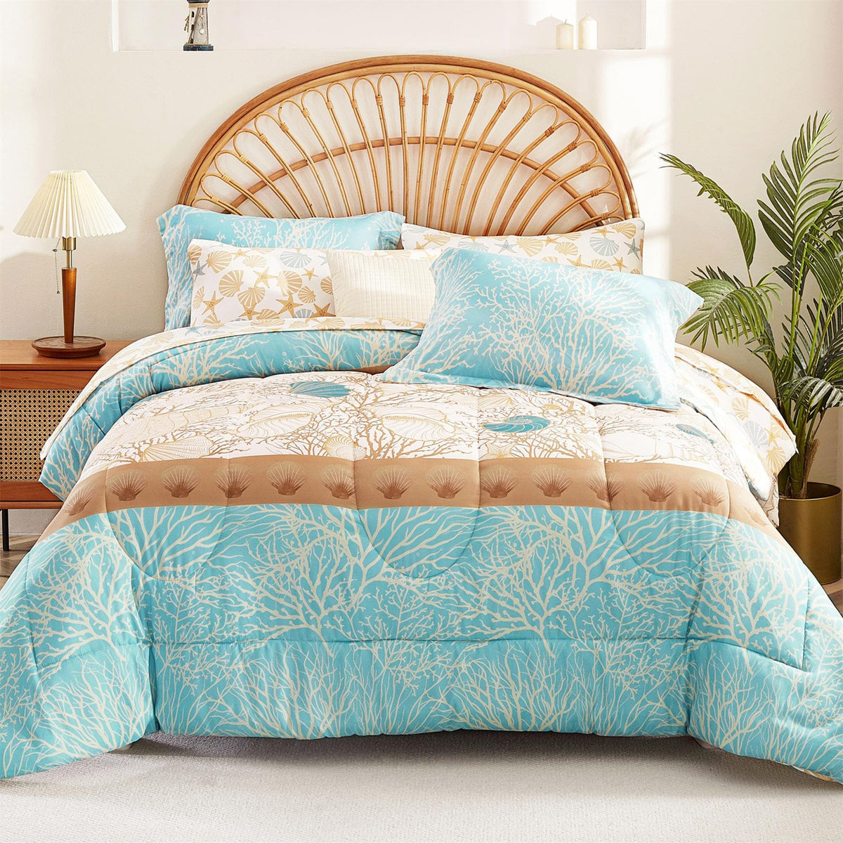 Blue Coastal Comforter Set 7 Pieces, Starfish Printed Bedding Bed in A Bag, Soft Microfiber Comforter with