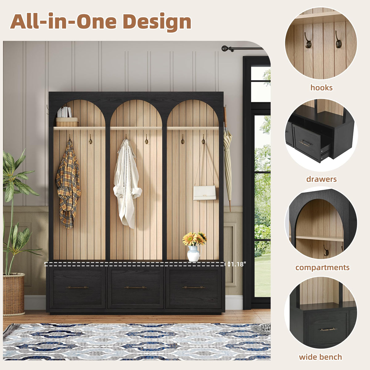 Farmhouse Wood Hall Tree with 8 Hooks and Shoe Bench, Mudroom Versatile Coat Racks with 3 Drawers, Entrance Organizer