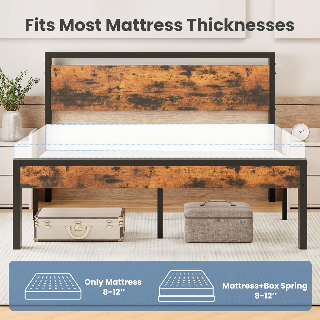 Bed Frame with Wood Headboard, Rustic Platform Bed Metal