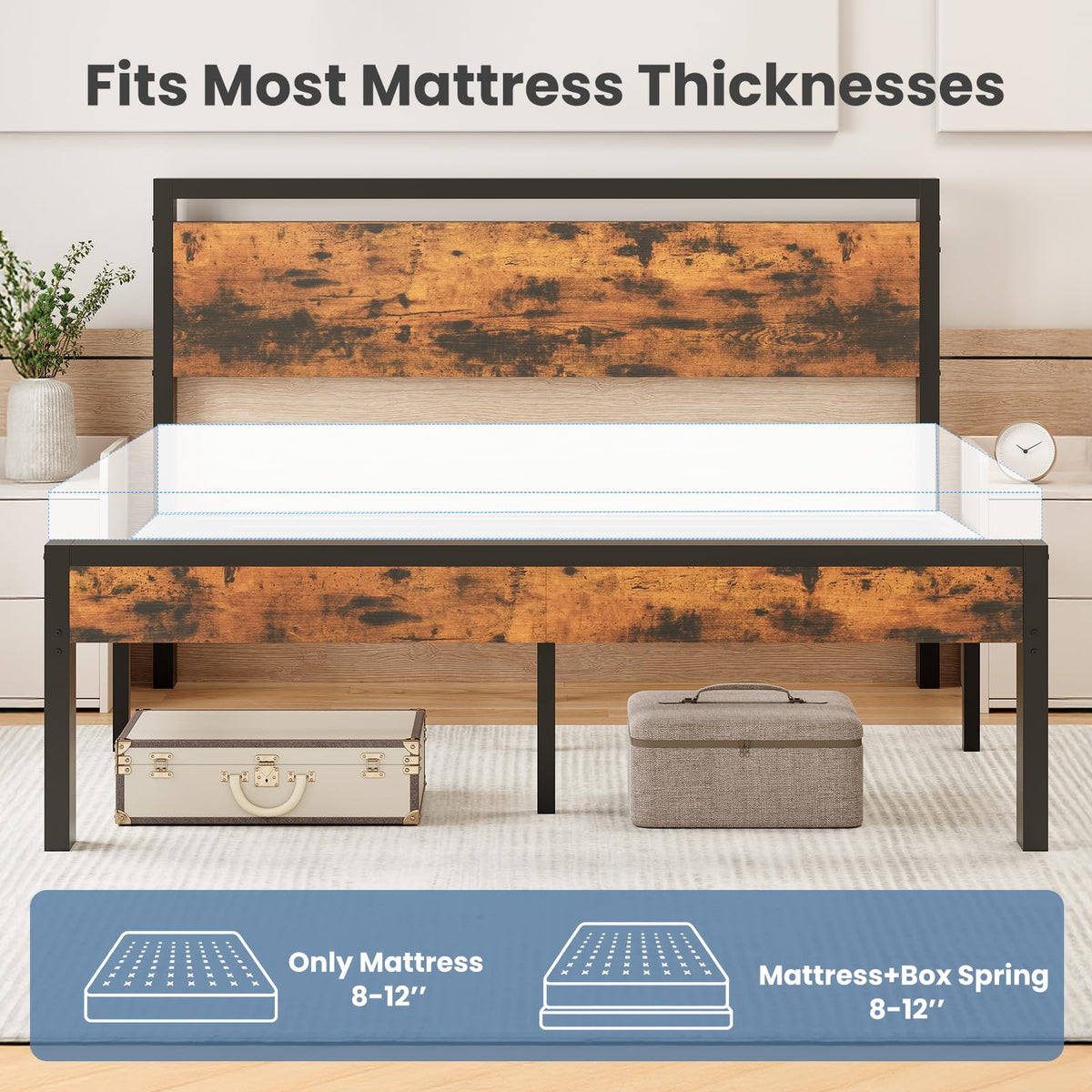 Bed Frame with Wood Headboard, Rustic Platform Bed Metal
