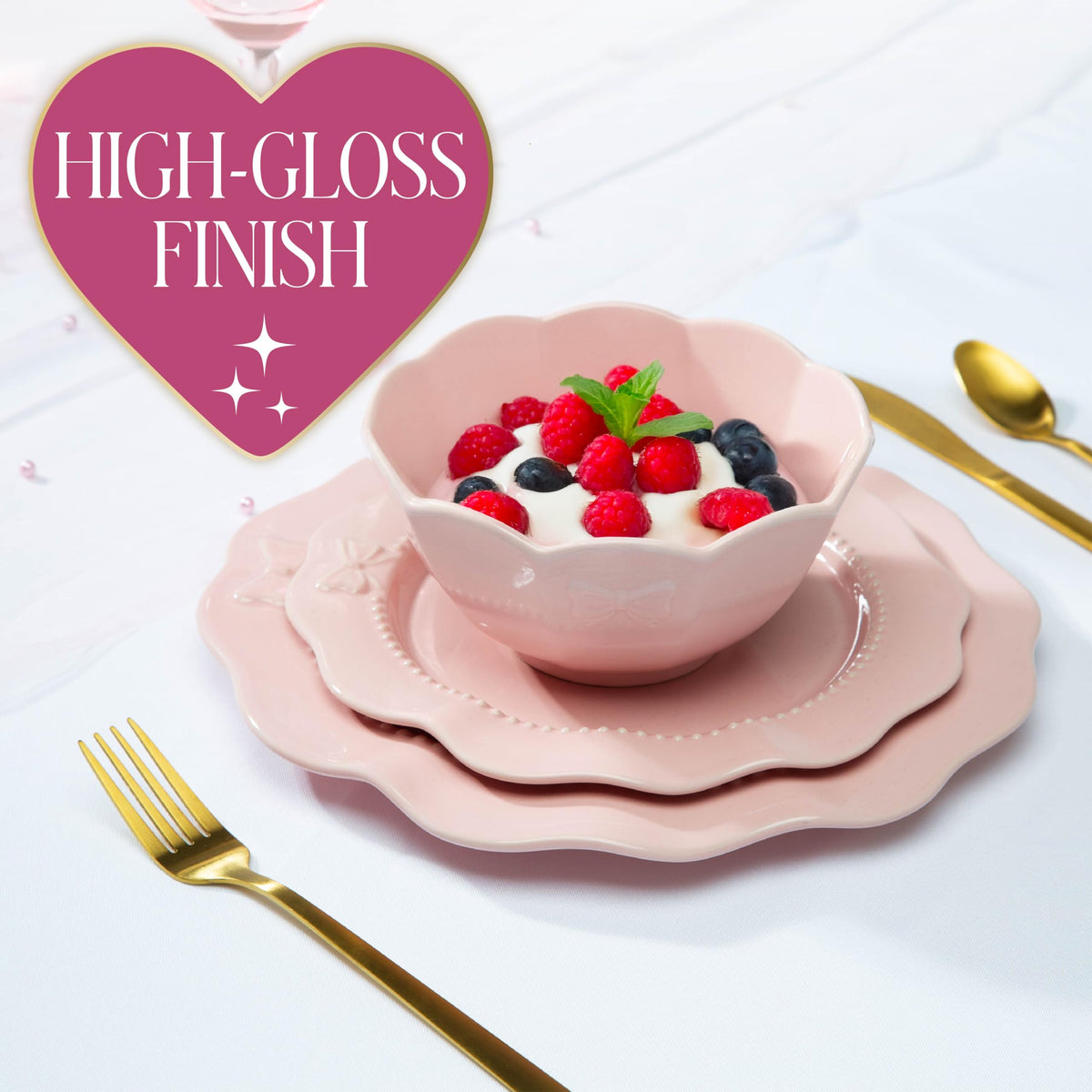 12-Piece Dinnerware Set, Embossed Bow Design, Iconic Ceramic Stoneware Service for 4 with Dinner Plates, Salad