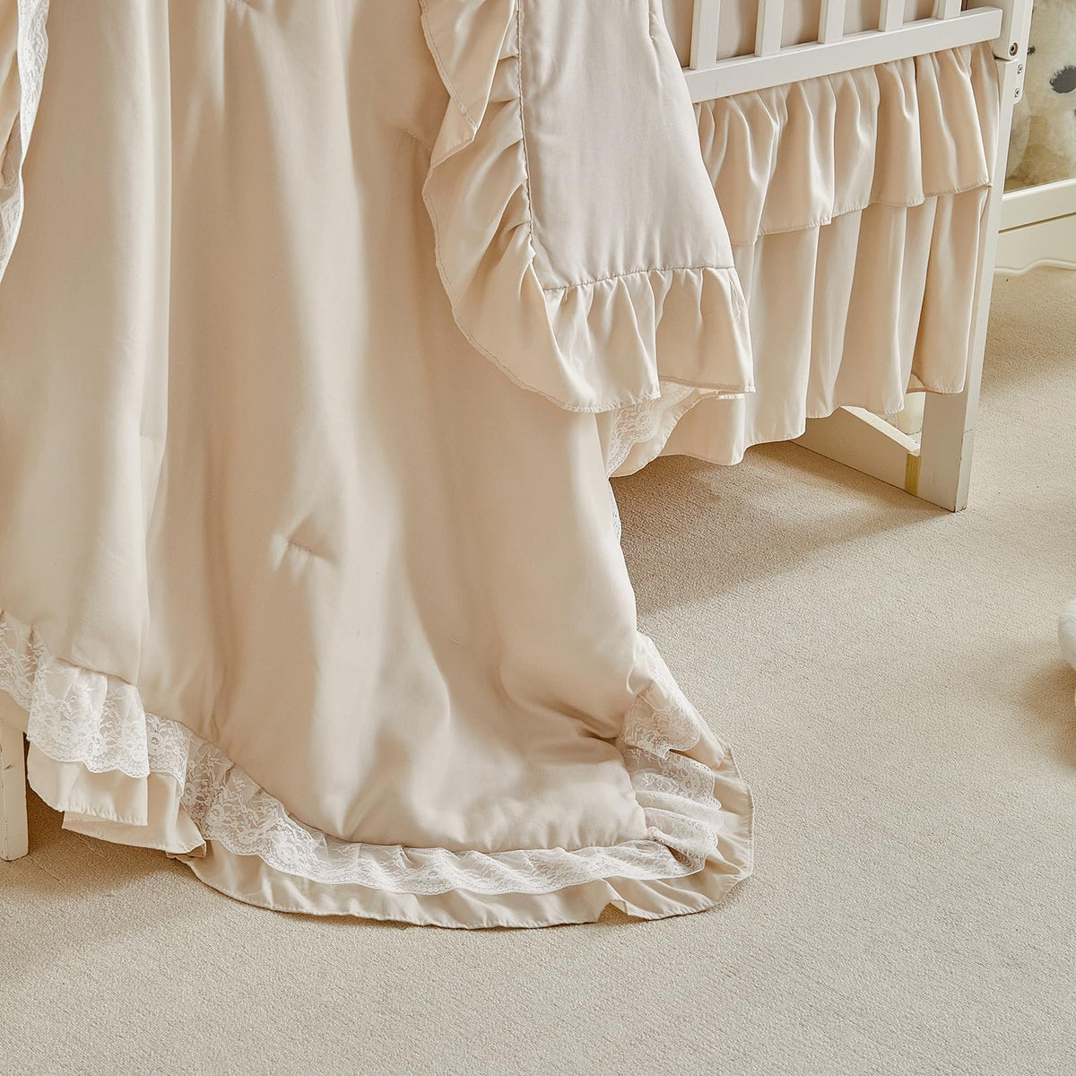 Ruffled Crib Bedding Set Floral Design 3 Pieces Baby Boho Quilted Comforter with Fitted Sheet and Bed Skirt - Cute